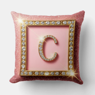 Cojín Decorativo Inicial C de Diamantes con Brillo Rosa en Marco de
