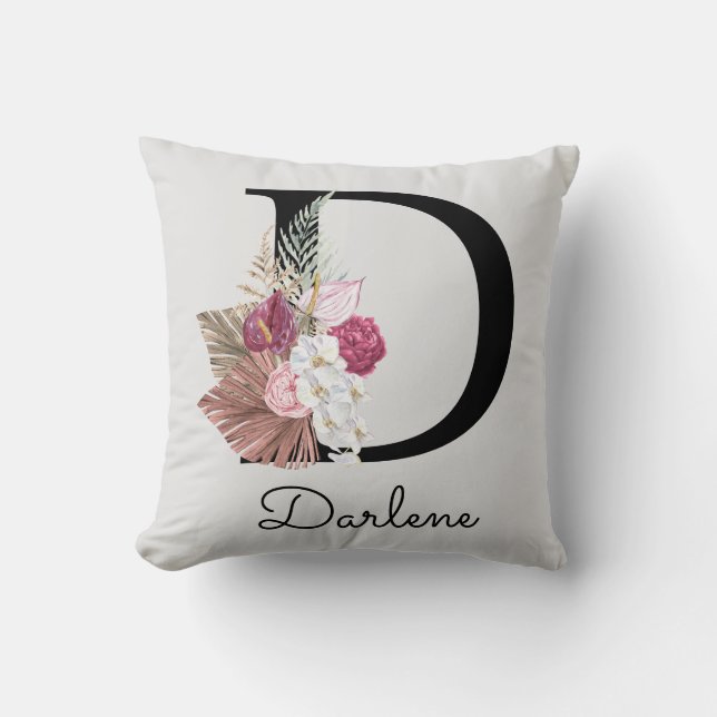 Cojín Decorativo Inicial D Rosa Boho Monogramada (Anverso)