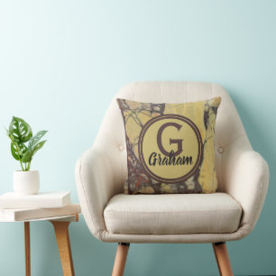 Cojín Decorativo Inicial de familia con patrón de mármol amarillo