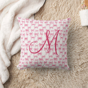 Cojín Decorativo Inicial de Monograma con Lazo Rosa Estética Coquet