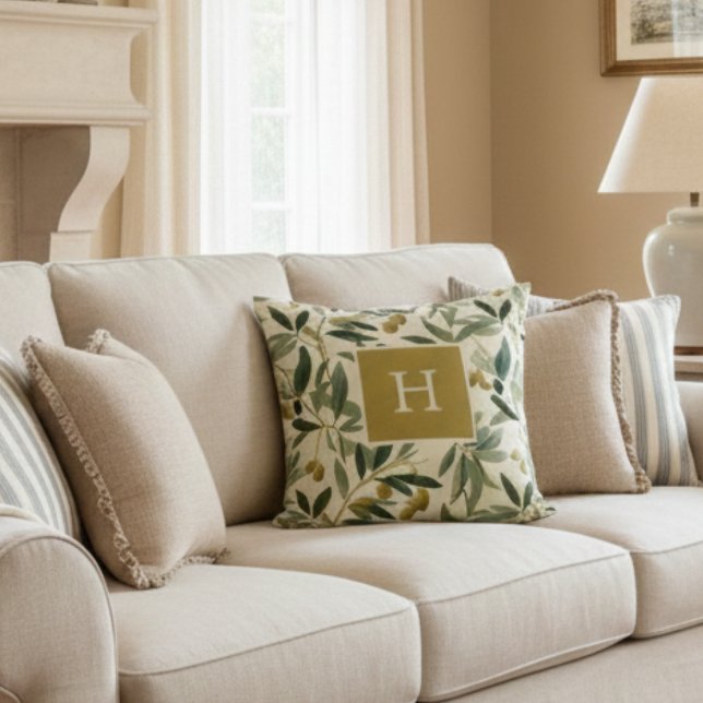 Cojín Decorativo Inicial de monograma de rama de olivo botánico (Subido por el creador)