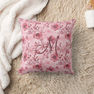 Cojín Decorativo Inicial de Monograma Rosas Rosadas Florales de Bor