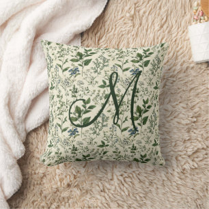 Cojín Decorativo Inicial de Monograma Verde Botanical Cottagecore