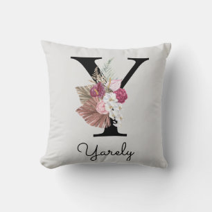Cojín Decorativo Inicial Floral Boho Rosa Monogramada Y