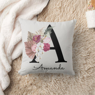 Cojín Decorativo Inicial floral rosa moderna A