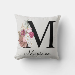 Cojín Decorativo Inicial Floral Rosa Monograma M