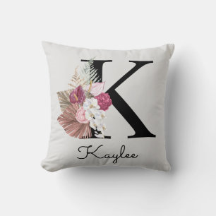 Cojín Decorativo Inicial K Floral Rosa Monogramada