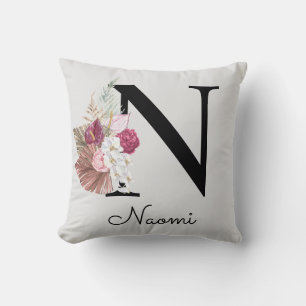 Cojín Decorativo Inicial N Floral Rosa Monogramada