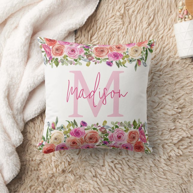 Cojín Decorativo Inicial | Personalizar | Acuarela | Floral (Manta)