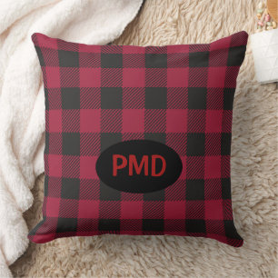 Cojín Decorativo Iniciales de Monograma de Búfalo Negro Rojo