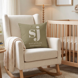 Cojín Decorativo Iniciales de monograma en verde oliva y crema