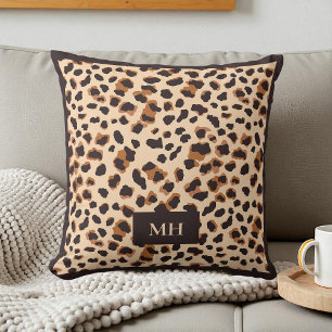 Cojín Decorativo Iniciales Modernas Monograma Marrón Patrón Leopard