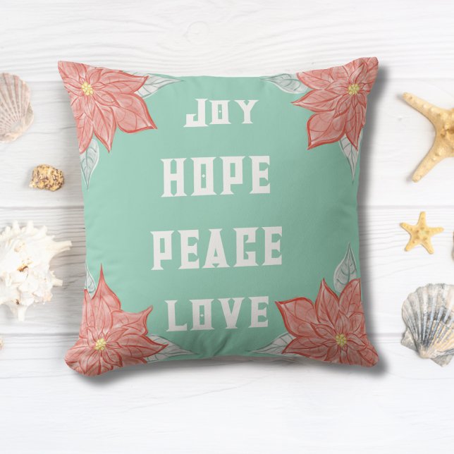 Cojín Decorativo Inspirational Poinsettia Joy Hope Peace Love (Love the pastel colors in this Inspirational Original Poinsettia Art Pillow. Cheerful and Boho Chic!)