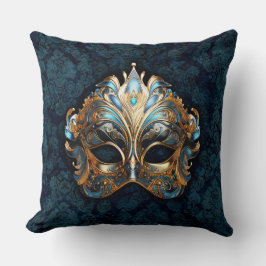 Cojín Decorativo Intrincada Máscara Teal y Dorada