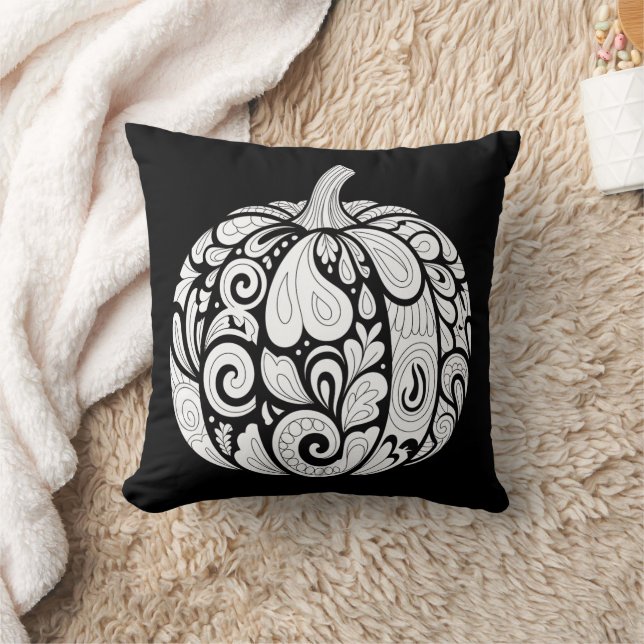 Cojín Decorativo Intrincado Arte de calabaza en blanco y negro - Ha (Manta)