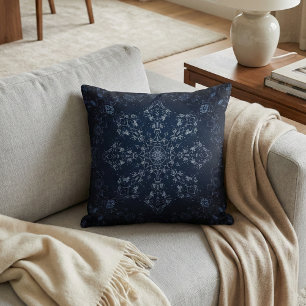 Cojín Decorativo Intrincado copo de nieve mandala azul marino