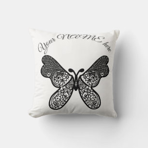 Cojín Decorativo Intrincado Mandala Bohemio Mariposa Blanco y Negro
