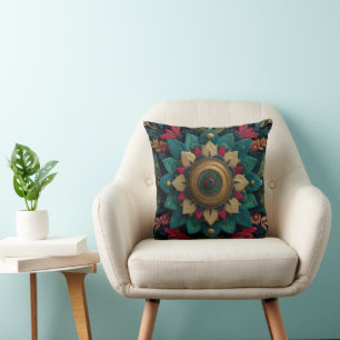 Cojín Decorativo Intrincado Mandala Floral Texturizado en Verde Acu