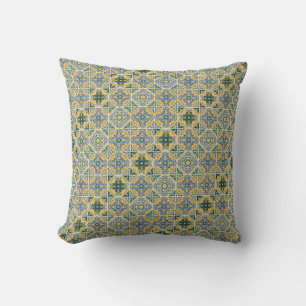 Cojín Decorativo Intrincado patrón geométrico con azul, amarillo