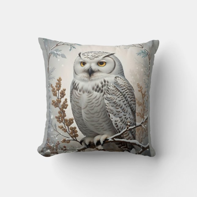 Cojín Decorativo Invierno de Lechuza Blanca con Nieve (Anverso)