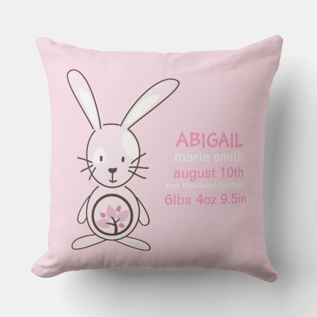 Cojín Decorativo Invitación rosada del nacimiento del conejito (Anverso)
