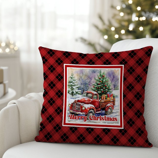 Cojín Decorativo Inviting red truck winter scene rustic holiday   (Inviting red truck winter scene rustic holiday Throw Pillow)