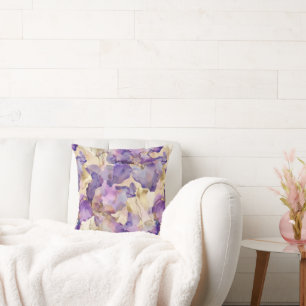 Cojín Decorativo Iris Floral Abstracto de Oro Blanco Púrpura