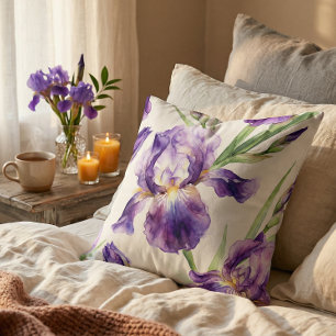 Cojín Decorativo Iris Púrpura Acuarela Floral Botánico Romántico