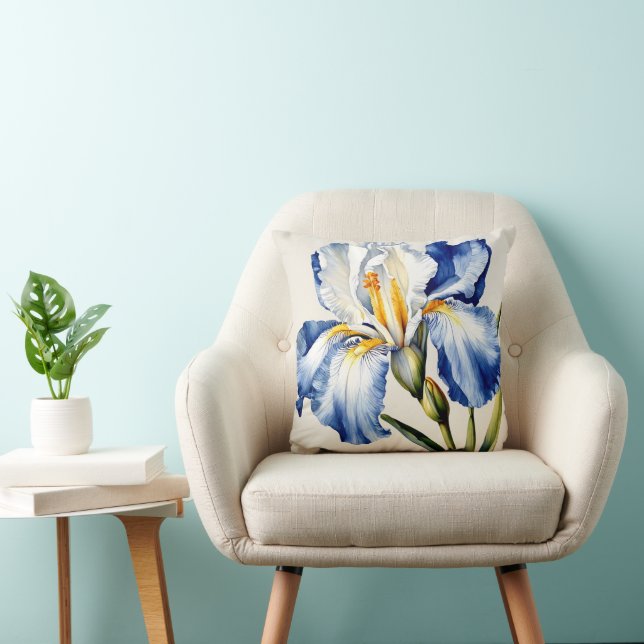 Cojín Decorativo Iris Schwertlilie blau weiß - Aquarell-Design |  (Silla)