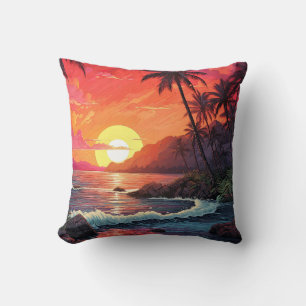 Cojín Decorativo Isla paradisíaca de playa tropical al atardecer