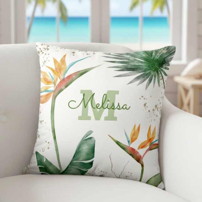 Cojín Decorativo Isla Tropical Monograma Floral Oro Guión Blanco (Subido por el creador)