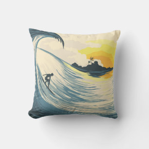 Cojín Decorativo Isla tropical, ola, puesta de sol surfista.