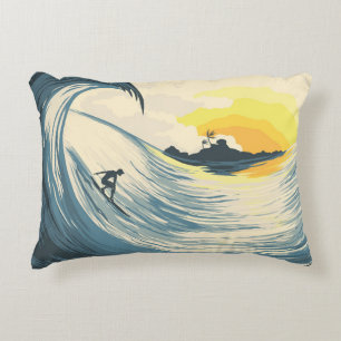 Cojín Decorativo Isla tropical, ola, puesta de sol surfista.