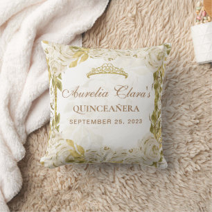Cojín Decorativo Ivory White Floral Princess Gold Arch Quinceañera