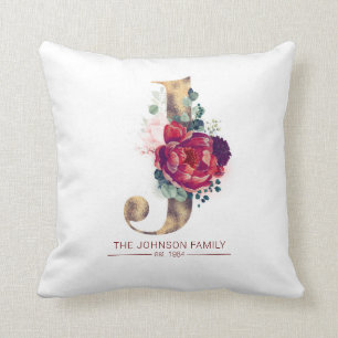 Cojín Decorativo J Monograma Floral Borgoña Rojo dorado
