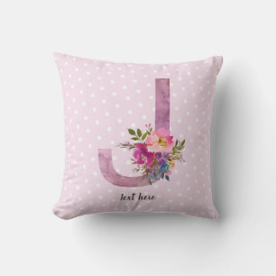 Cojín Decorativo j, Monograma floral inicial, flor acuarela