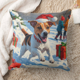 Cojín Decorativo Jack Russell corriendo en la nieve con sombrero de