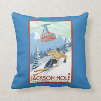 Cojín Decorativo Jackson Hole, esquiador de Wyoming y tranvía