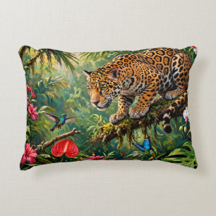 Cojín Decorativo Jaguar Selva Colibríes Mariposas Flores