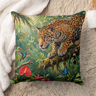 Cojín Decorativo Jaguar Selva Colibríes Mariposas Flores