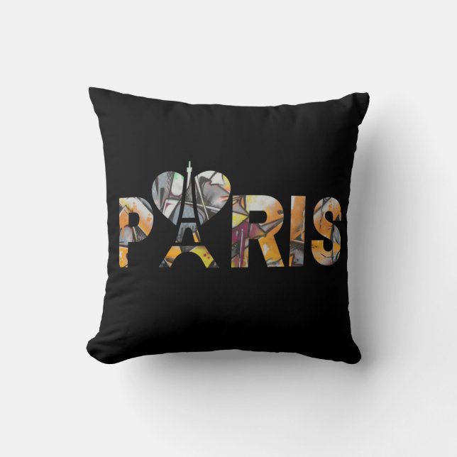 Cojín Decorativo J'aime Paris avec un décor urbain bien coloré. (Anverso)