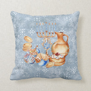 Cojín Decorativo Janucá Menorá Acuarela Azul Nieve