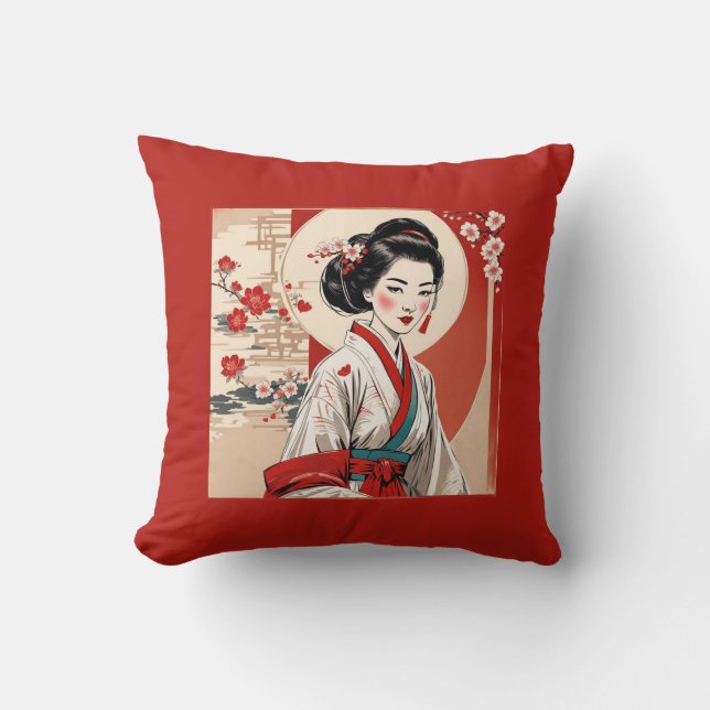Cojín Decorativo Japonés de la tradicional flor de cerezo Geisha (Anverso)