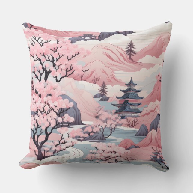 Cojín decorativo japonés rosa y gris (Anverso)