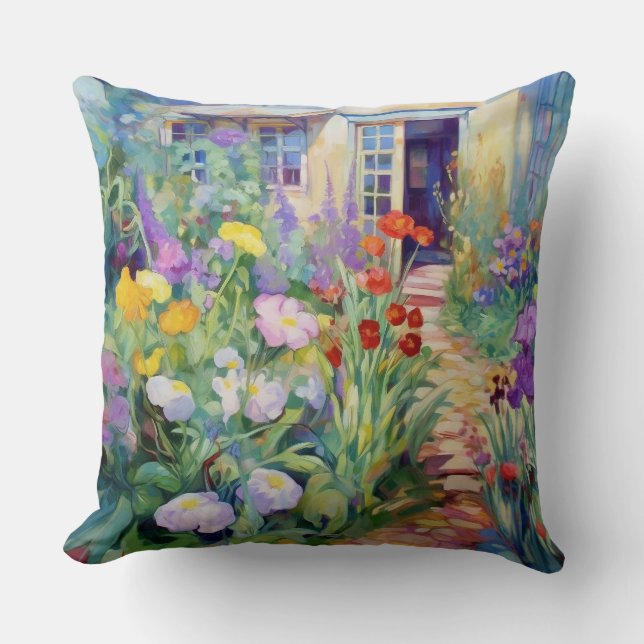 Cojín Decorativo Jardín acuático de cabaña lleno de flores (Anverso)