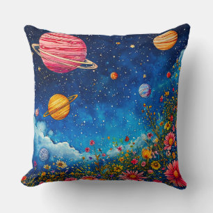 Cojín Decorativo Jardín cósmico vibrante con planetas y cielo estre