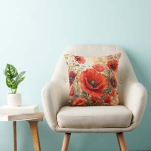 Cojín Decorativo Jardín de amapolas rojas lujosas en acuarela