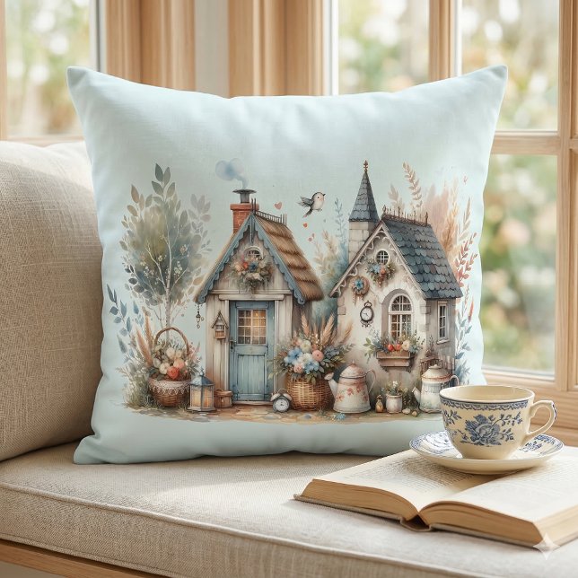 Cojín Decorativo Jardín de cabaña (Cottage Haven Floral Homes Illustration Throw Pillow In Window Seat)