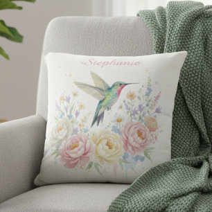 Cojín Decorativo Jardín de Colibríes con Acuarela
