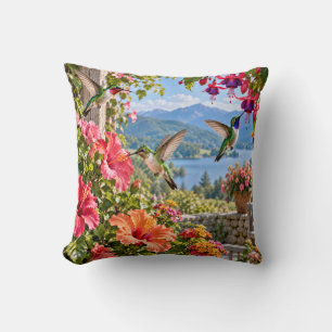 Cojín Decorativo Jardín de colibríes, lago y paisaje